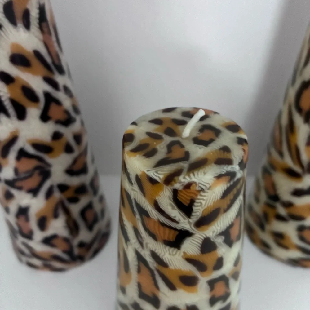 3 UNSCENTED Animal Print Candles Leopard Print: cone shape